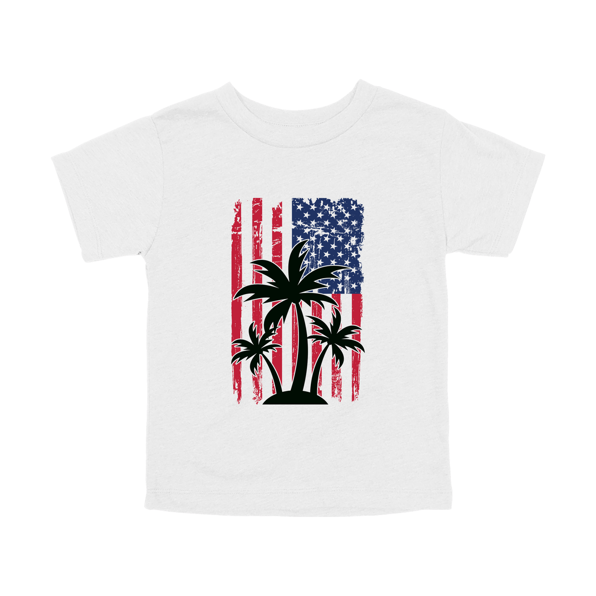 American Flag Palm Tree design on a White toddler T-shirt, front view.
