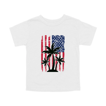 American Flag Palm Tree design on a White toddler T-shirt, front view.