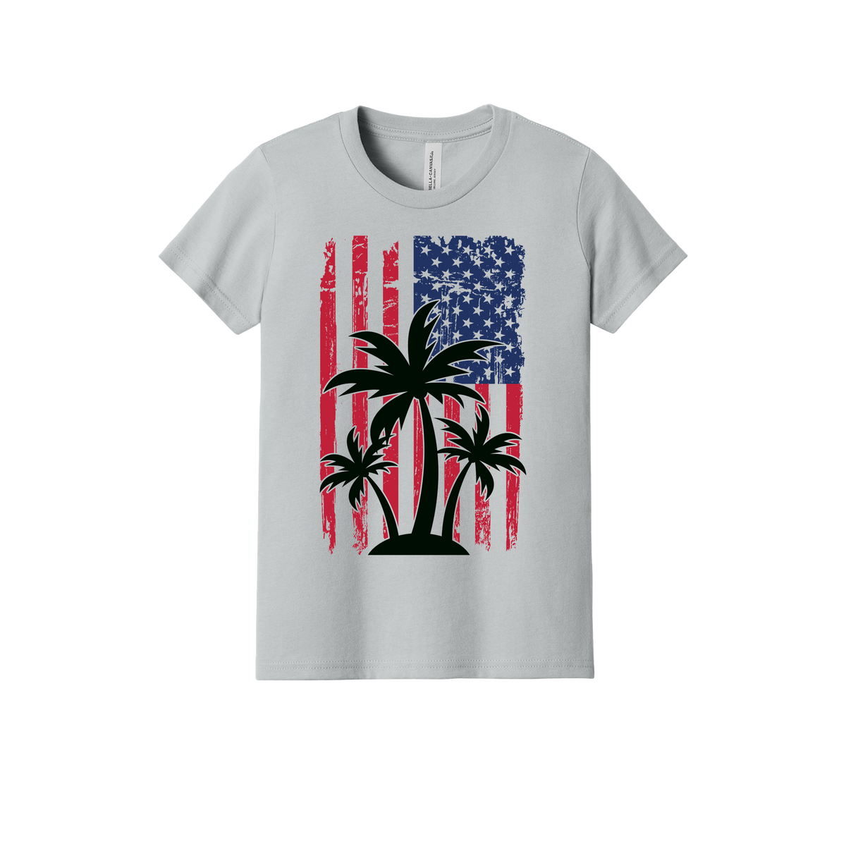 American Flag Palm Tree design on a Heather Athletic Gray youth T-shirt, front view.