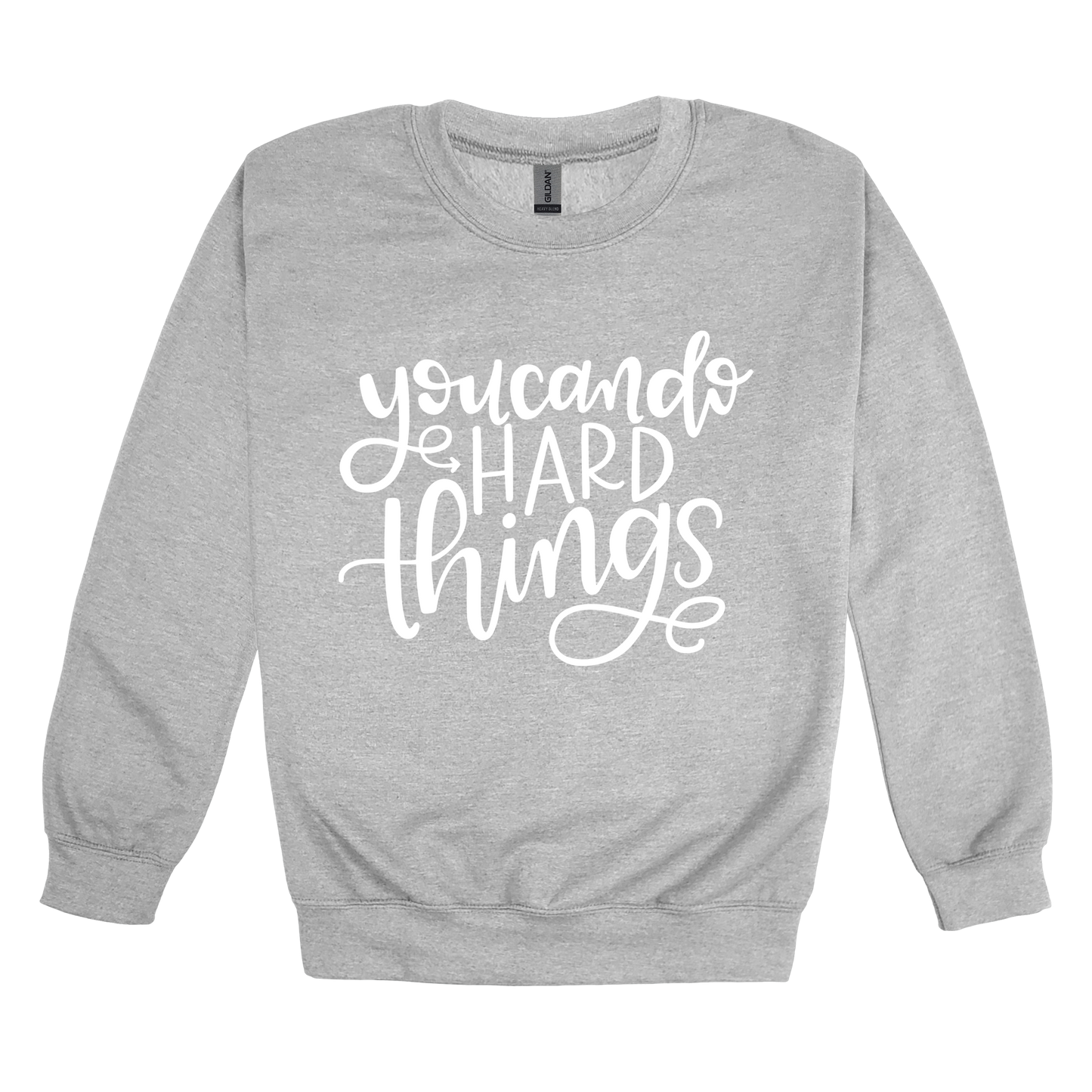 You Can Do Hard Things design on a Sport Gray adult crewneck sweatshirt, front view.