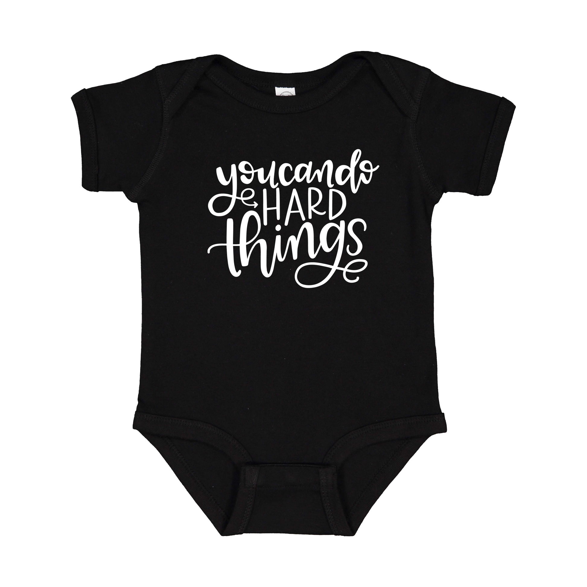 You Can Do Hard Things design on a Black infant onesie, front view.