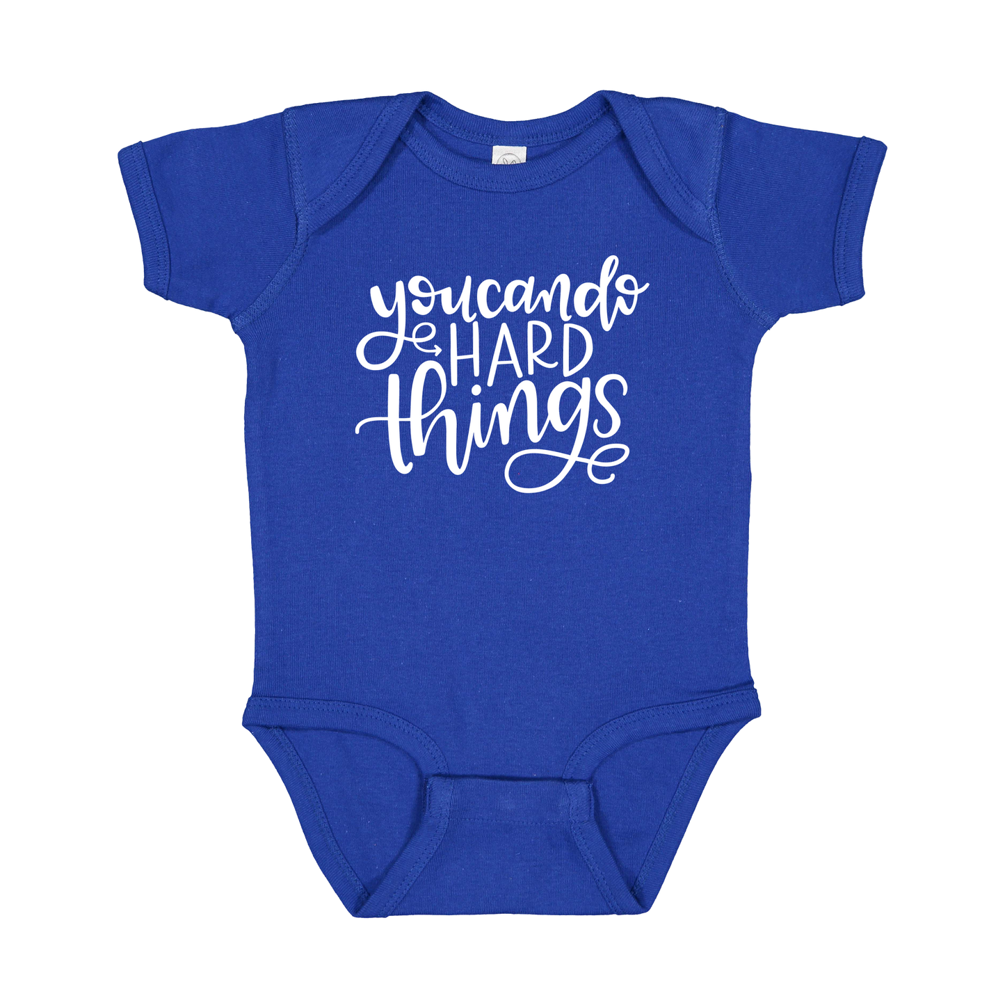 You Can Do Hard Things design on a Royal Blue infant onesie, front view.