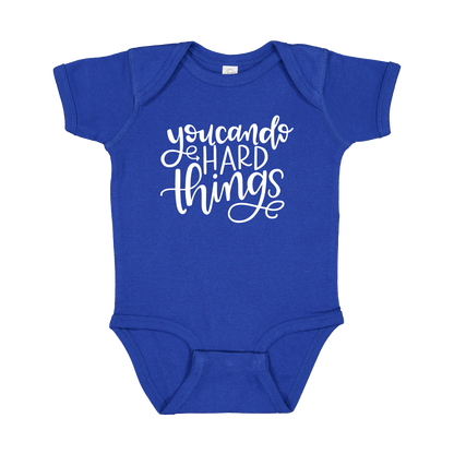 You Can Do Hard Things design on a Royal Blue infant onesie, front view.