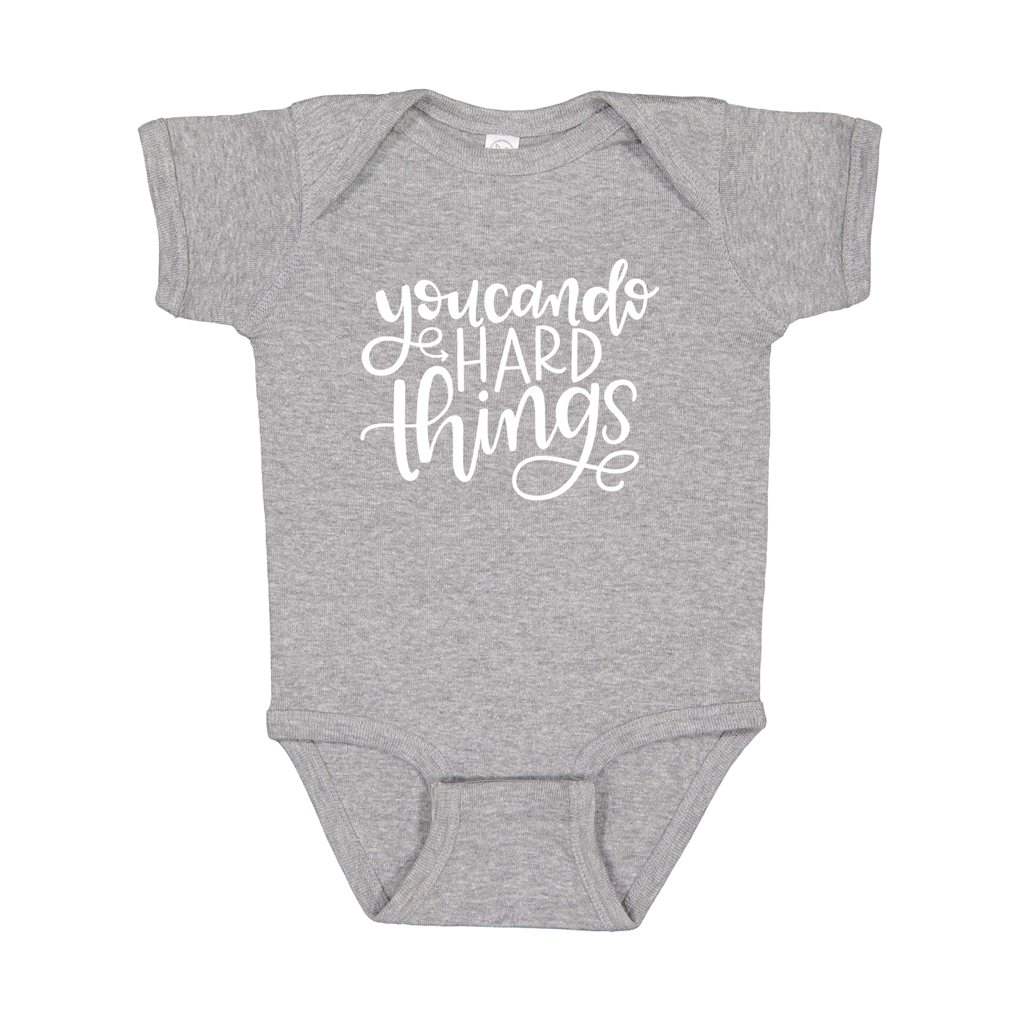 You Can Do Hard Things design on a Heather Athletic Gray infant onesie, front view.