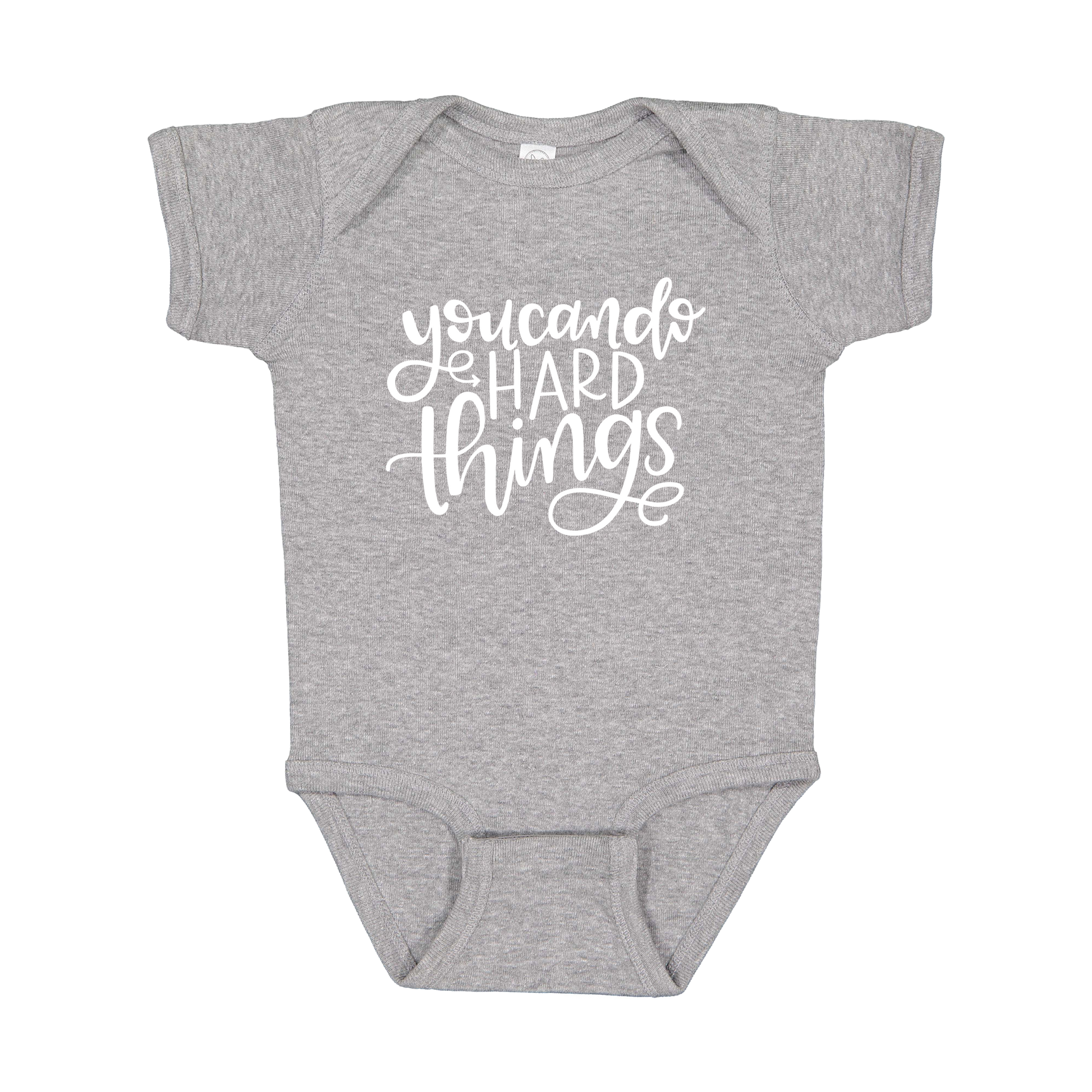 You Can Do Hard Things design on a Heather Athletic Gray infant onesie, front view.