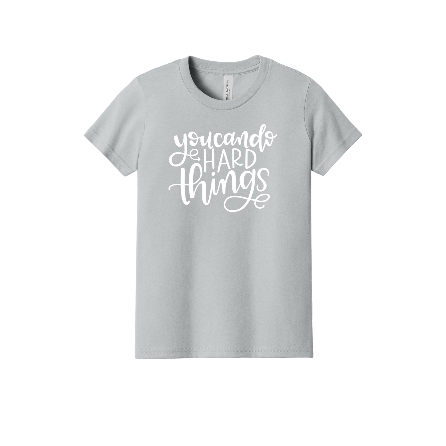 You Can Do Hard Things design on a Heather Athletic Gray youth T-shirt, front view.