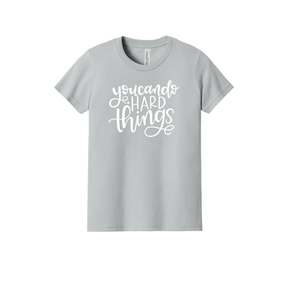 You Can Do Hard Things design on a Heather Athletic Gray youth T-shirt, front view.