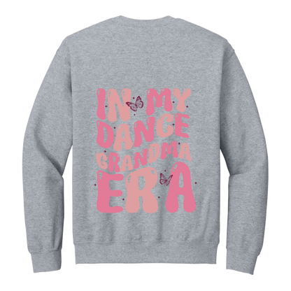 Dance Grandma Front & Back design on a Sport Gray adult crewneck sweatshirt, back view.