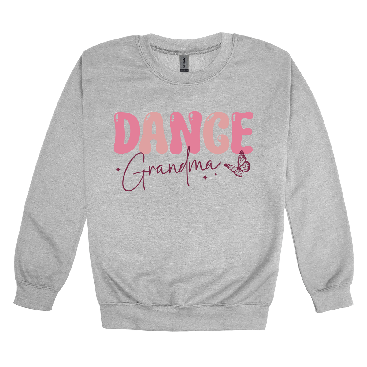 Dance Grandma Front & Back design on a Sport Gray adult crewneck sweatshirt, front view.