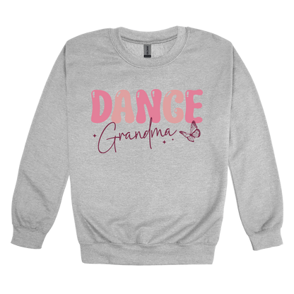 Dance Grandma Front & Back design on a Sport Gray adult crewneck sweatshirt, front view.