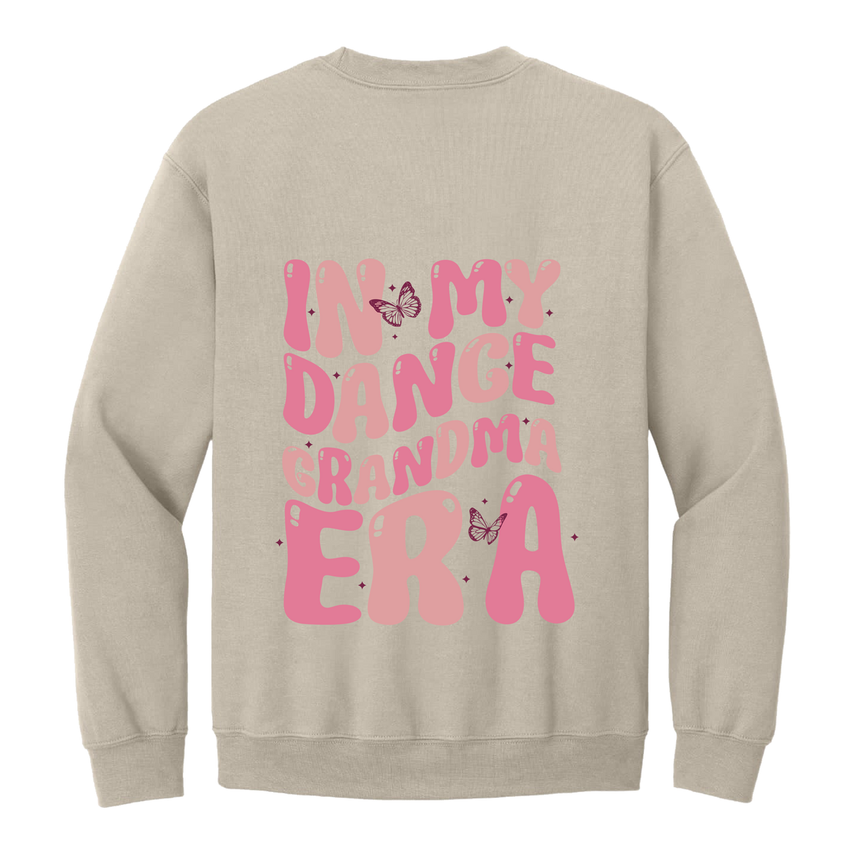 Dance Grandma Front & Back design on a Sand adult crewneck sweatshirt, back view.
