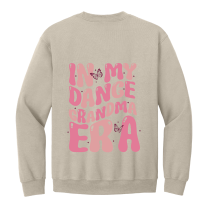 Dance Grandma Front & Back design on a Sand adult crewneck sweatshirt, back view.