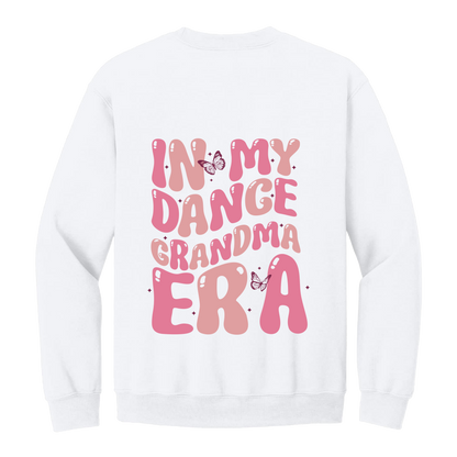Dance Grandma Front & Back design on a White adult crewneck sweatshirt, back view.