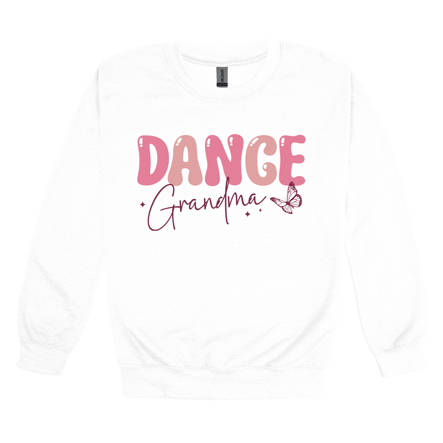 Dance Grandma Front & Back design on a White adult crewneck sweatshirt, front view.