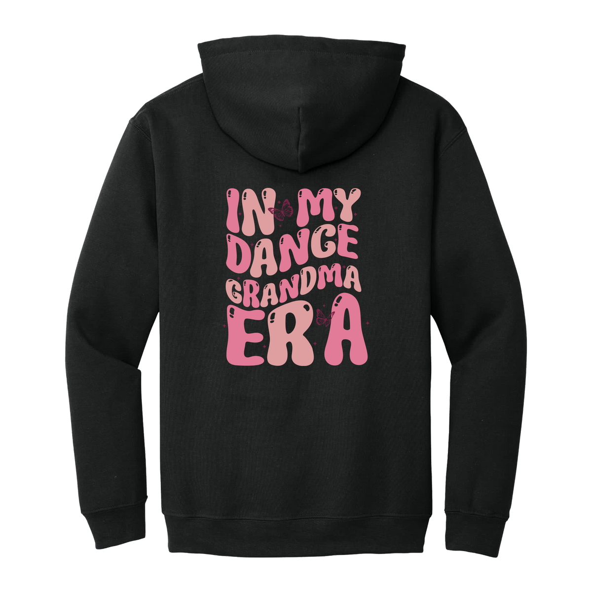 Dance Grandma Front & Back design on a Black adult hoodie, back view.