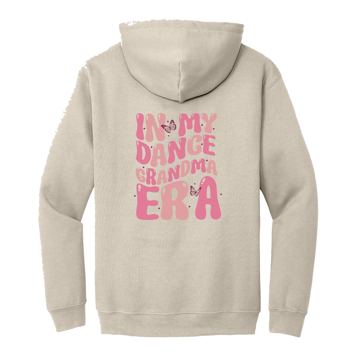 Dance Grandma Front & Back design on a Sand adult hoodie, back view.