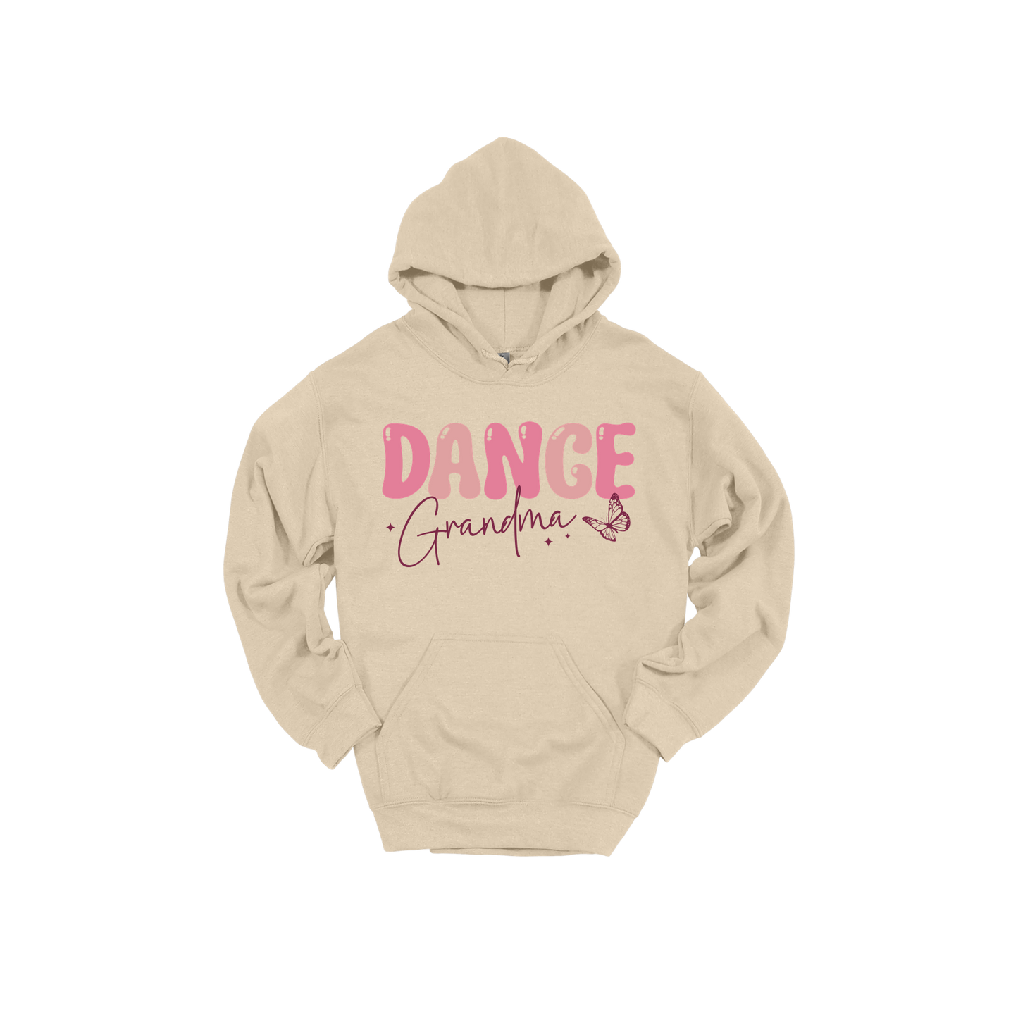 Dance Grandma Front & Back design on a Sand adult hoodie, front view.