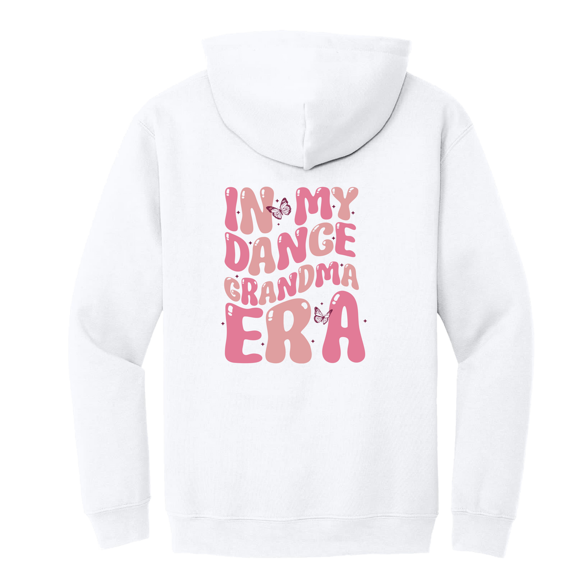 Dance Grandma Front & Back design on a White adult hoodie, back view.