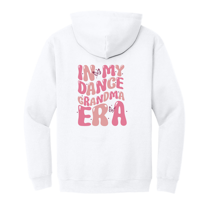 Dance Grandma Front & Back design on a White adult hoodie, back view.