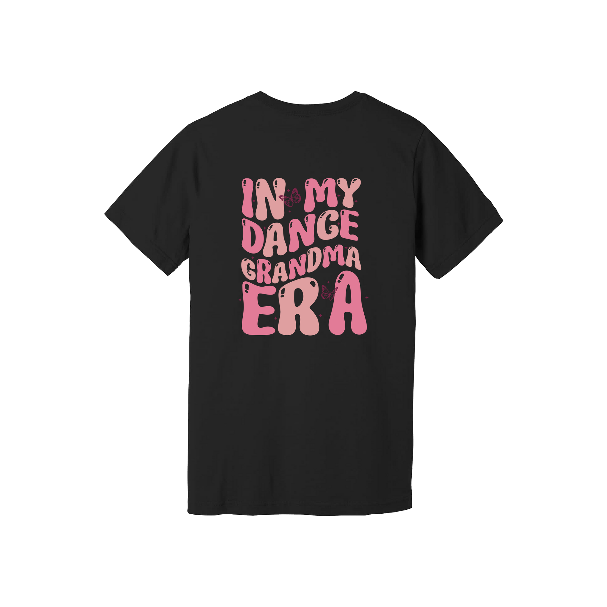 Dance Grandma Front & Back design on a Black adult T-shirt, back view.