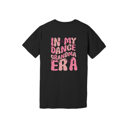 Dance Grandma Front & Back design on a Black adult T-shirt, back view.