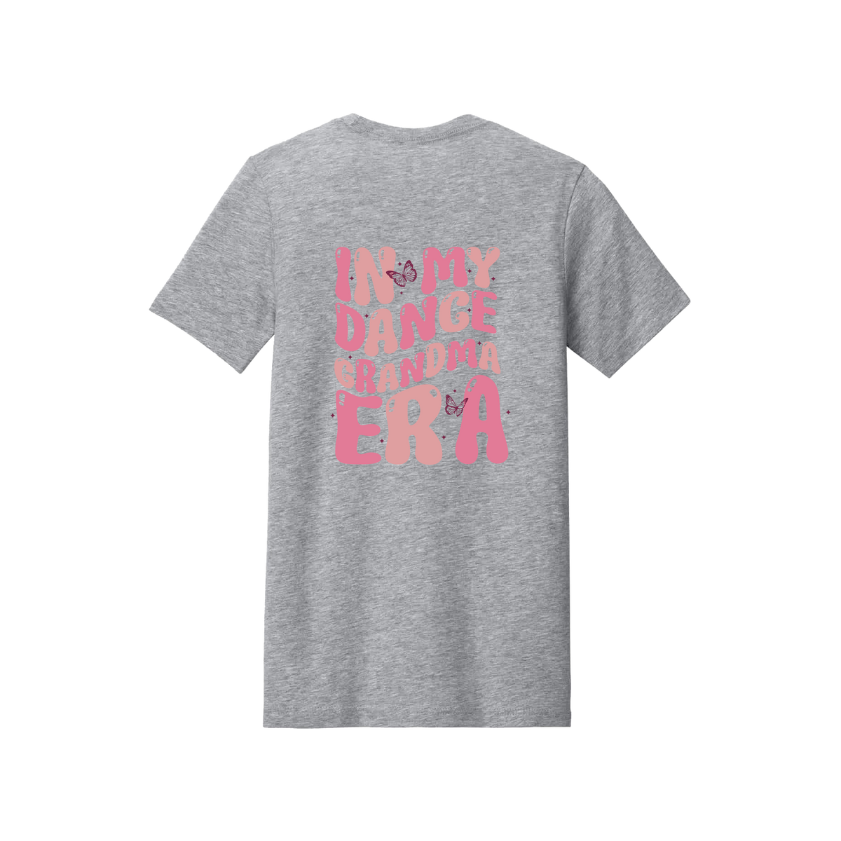 Dance Grandma Front & Back design on a Heather Athletic Gray adult T-shirt, back view.