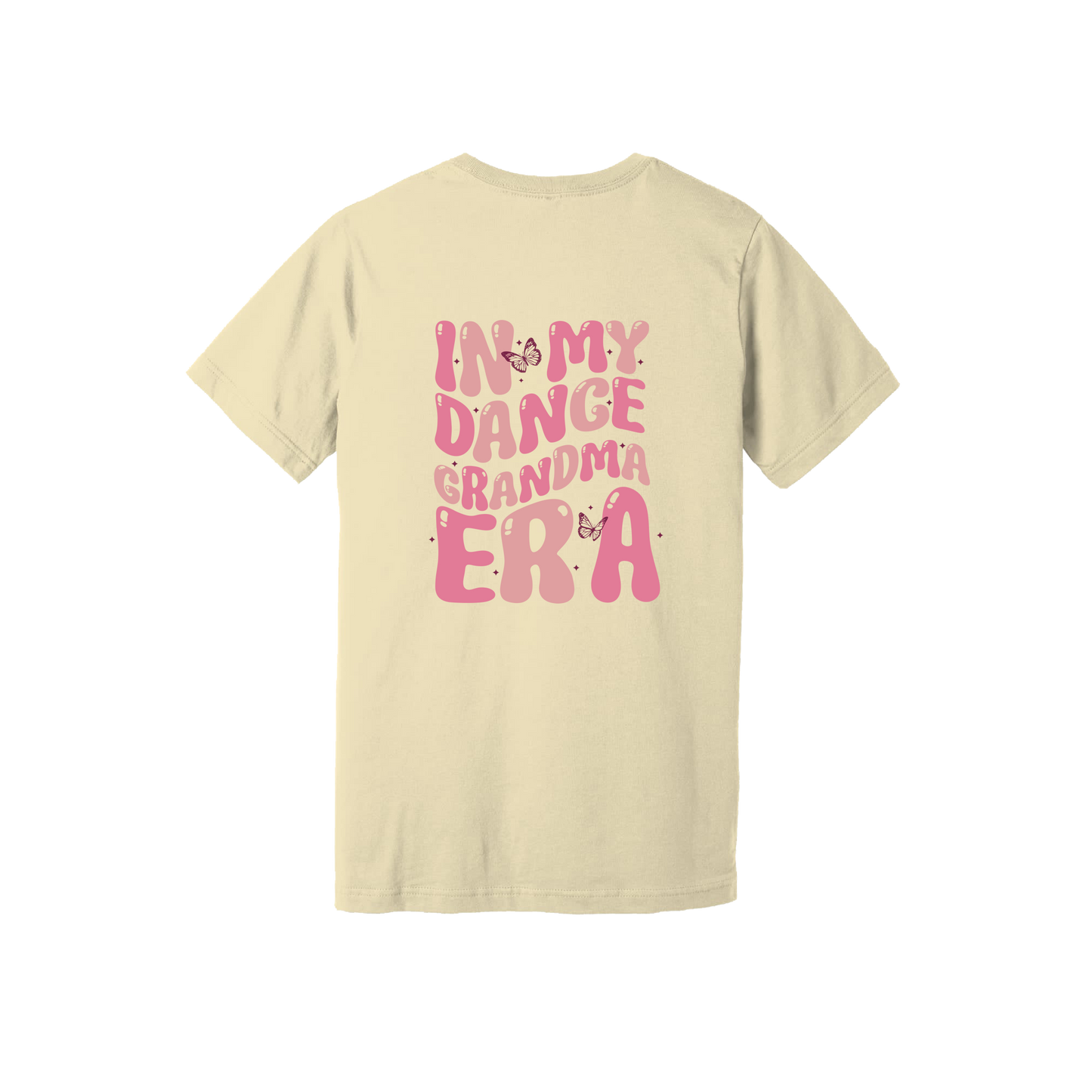 Dance Grandma Front & Back design on a Natural adult T-shirt, back view.