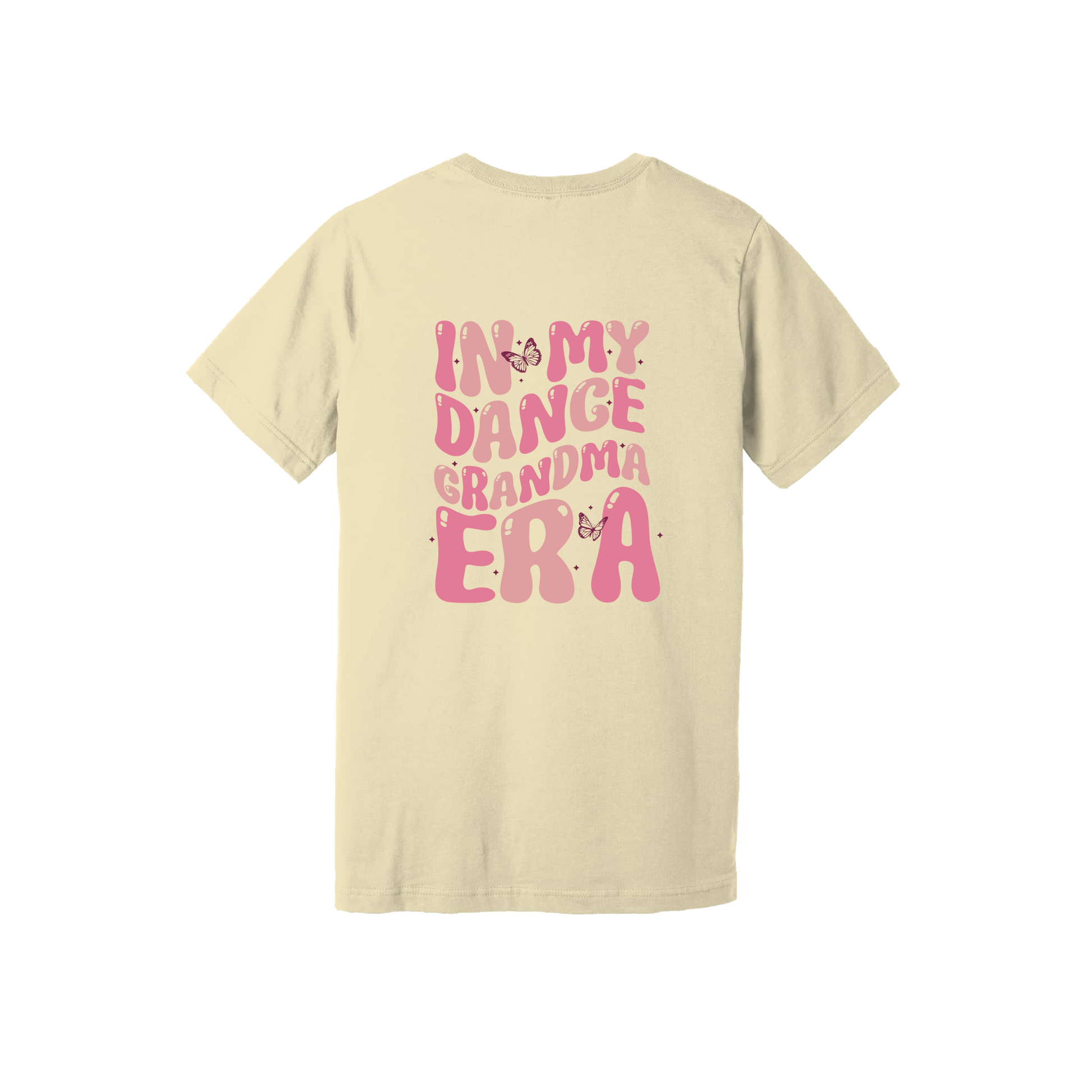 Dance Grandma Front & Back design on a Natural adult T-shirt, back view.
