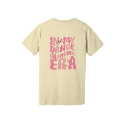 Dance Grandma Front & Back design on a Natural adult T-shirt, back view.