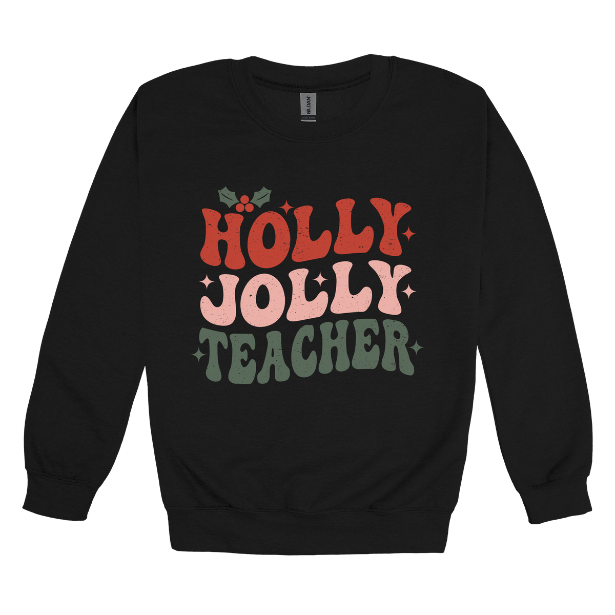 Holly Jolly Teacher design on a Black adult crewneck sweatshirt, front view.