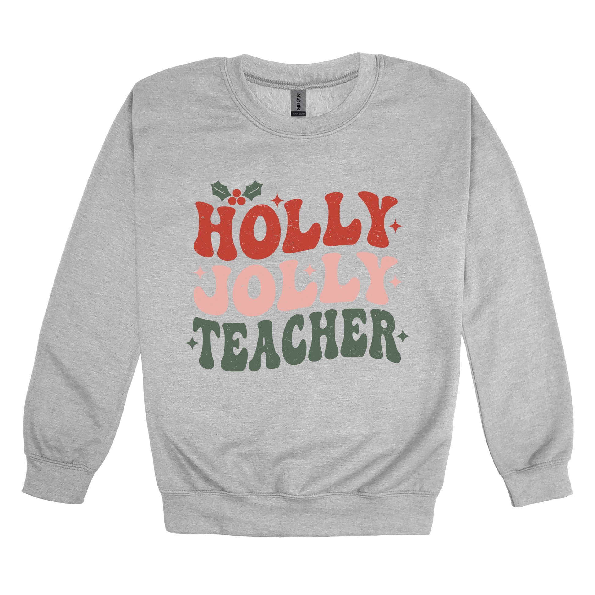 Holly Jolly Teacher design on a Sport Gray adult crewneck sweatshirt, front view.