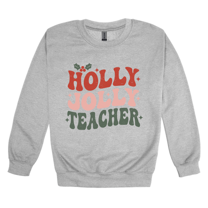 Holly Jolly Teacher design on a Sport Gray adult crewneck sweatshirt, front view.