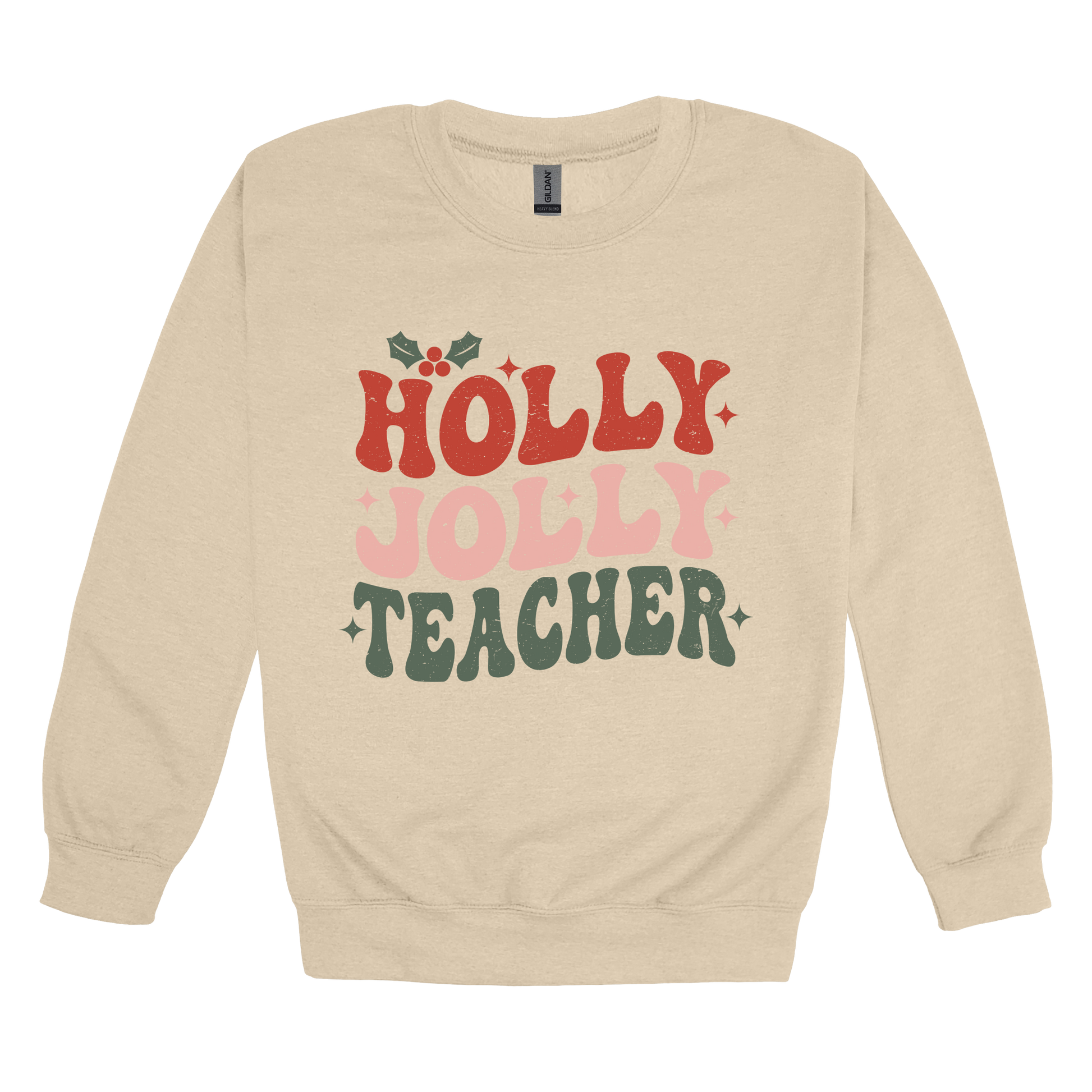 Holly Jolly Teacher design on a Sand adult crewneck sweatshirt, front view.