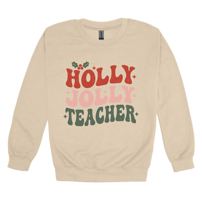 Holly Jolly Teacher design on a Sand adult crewneck sweatshirt, front view.