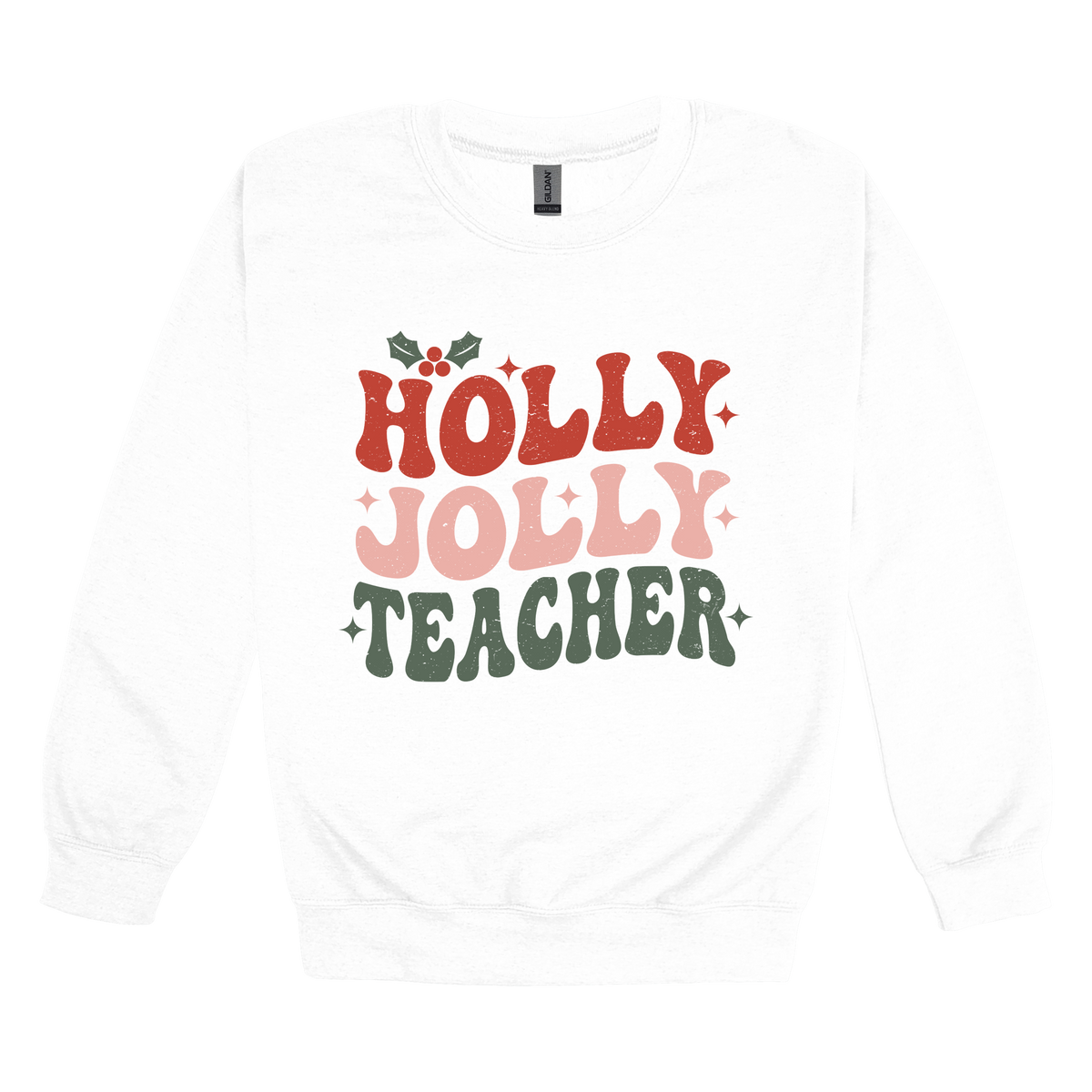 Holly Jolly Teacher design on a White adult crewneck sweatshirt, front view.