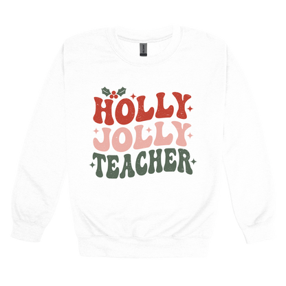 Holly Jolly Teacher design on a White adult crewneck sweatshirt, front view.