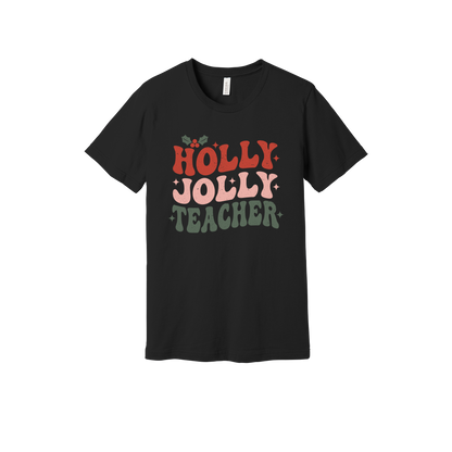 Holly Jolly Teacher design on a Black adult T-shirt, front view.