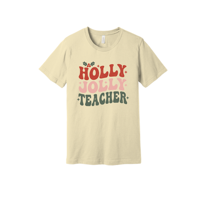 Holly Jolly Teacher design on a Natural adult T-shirt, front view.