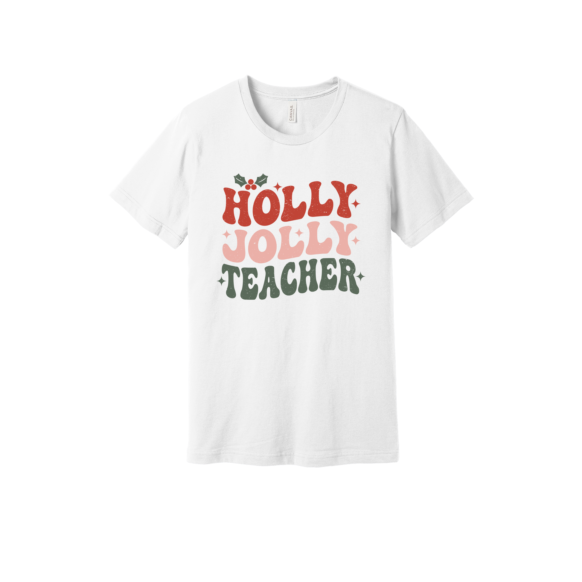 Holly Jolly Teacher design on a White adult T-shirt, front view.