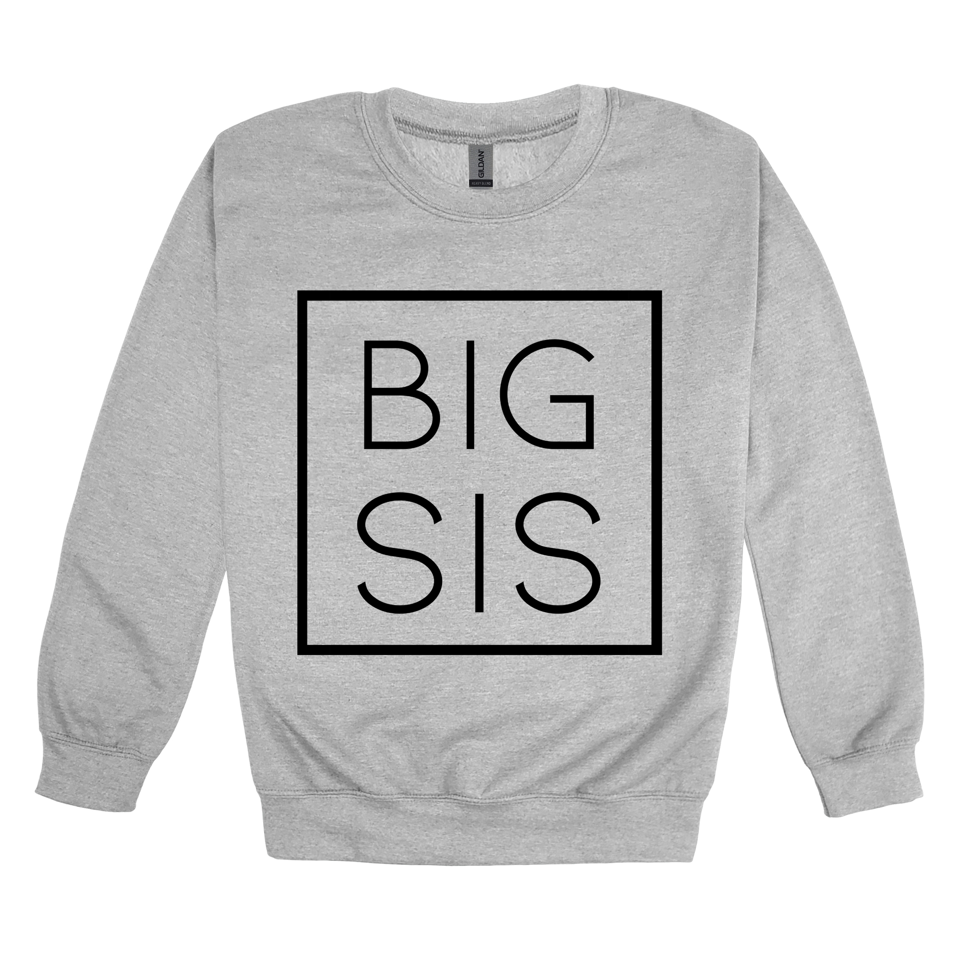 Big Sis design on a Sport Gray adult crewneck sweatshirt, front view.