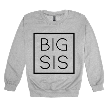 Big Sis design on a Sport Gray adult crewneck sweatshirt, front view.