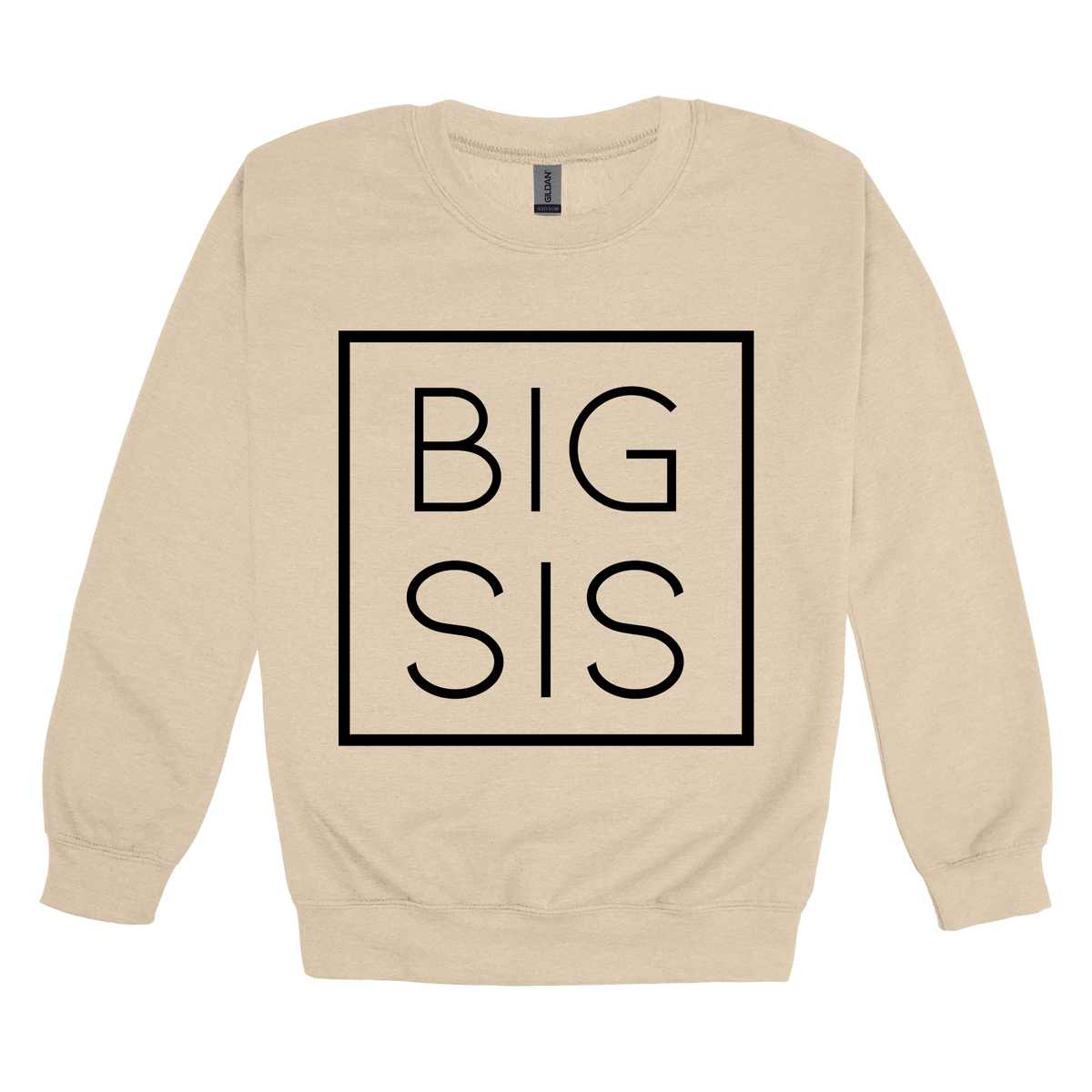 Big Sis design on a Sand adult crewneck sweatshirt, front view.