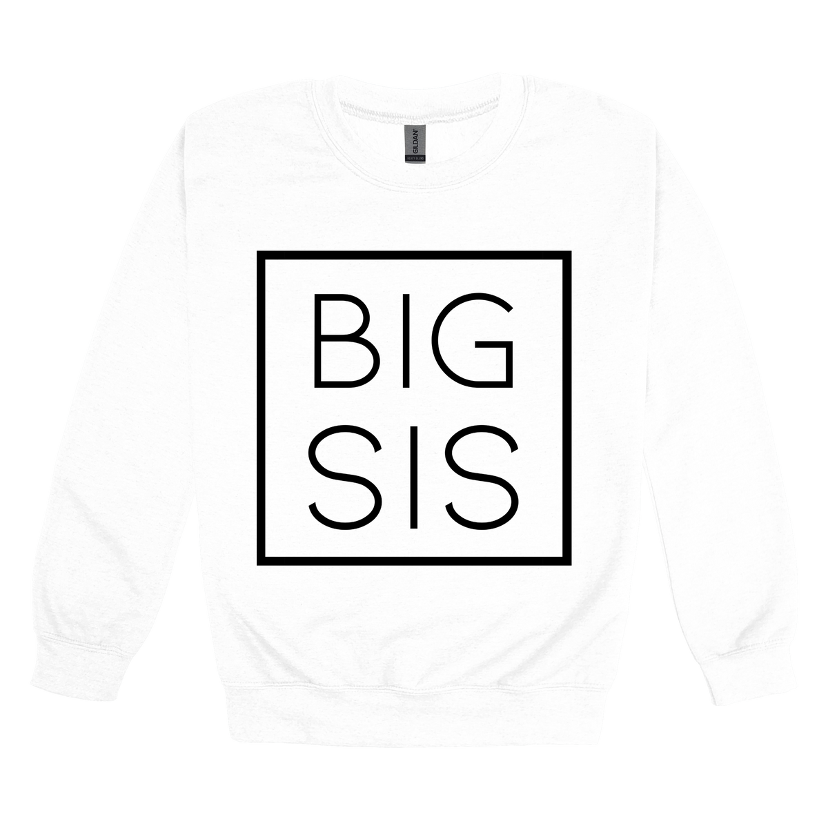 Big Sis design on a White adult crewneck sweatshirt, front view.