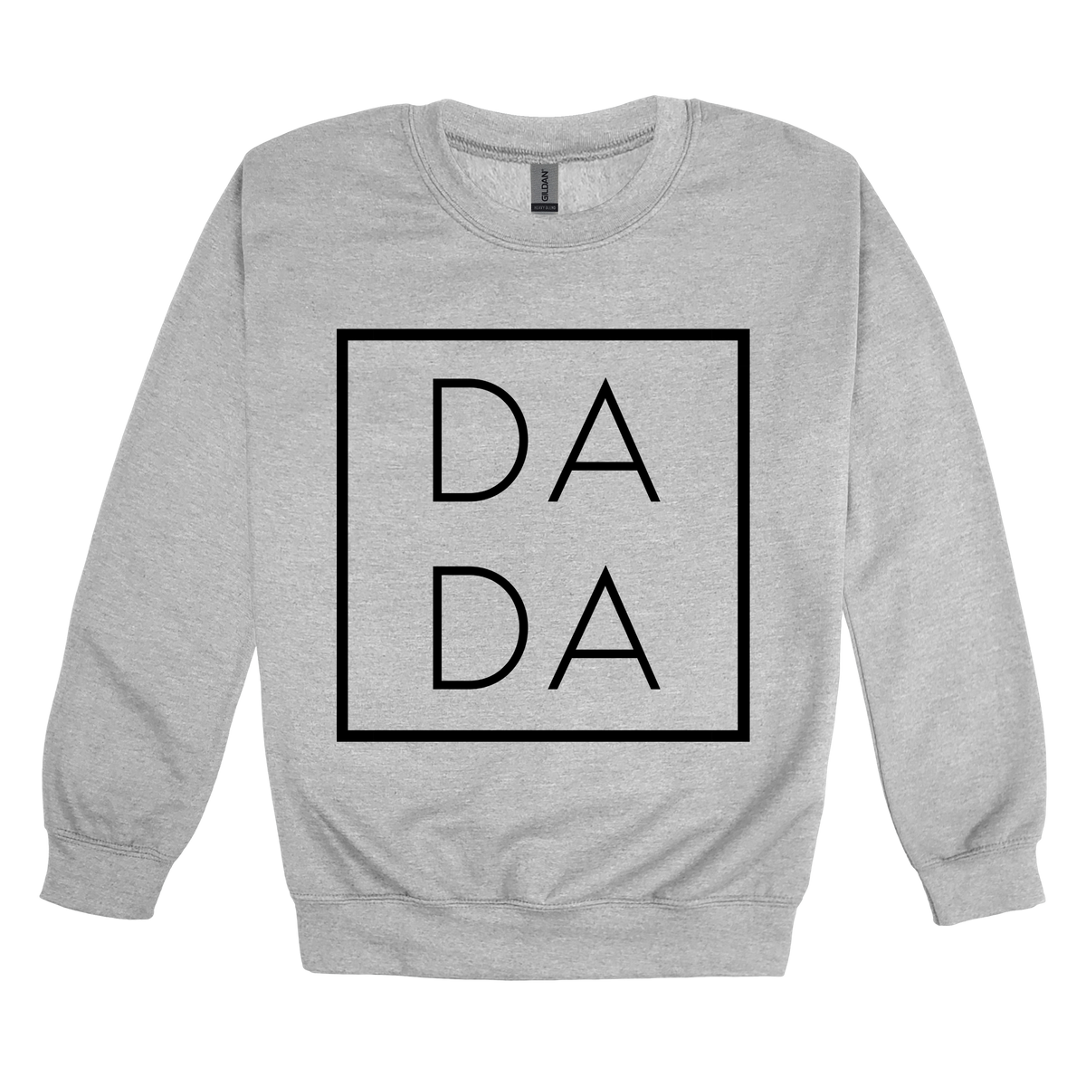 Dada design on a Sport Gray adult crewneck sweatshirt, front view.