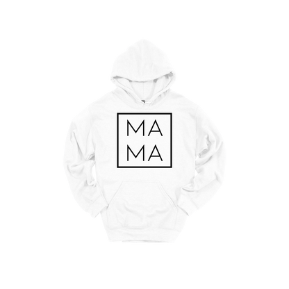 Mama design on a White adult hoodie, front view.