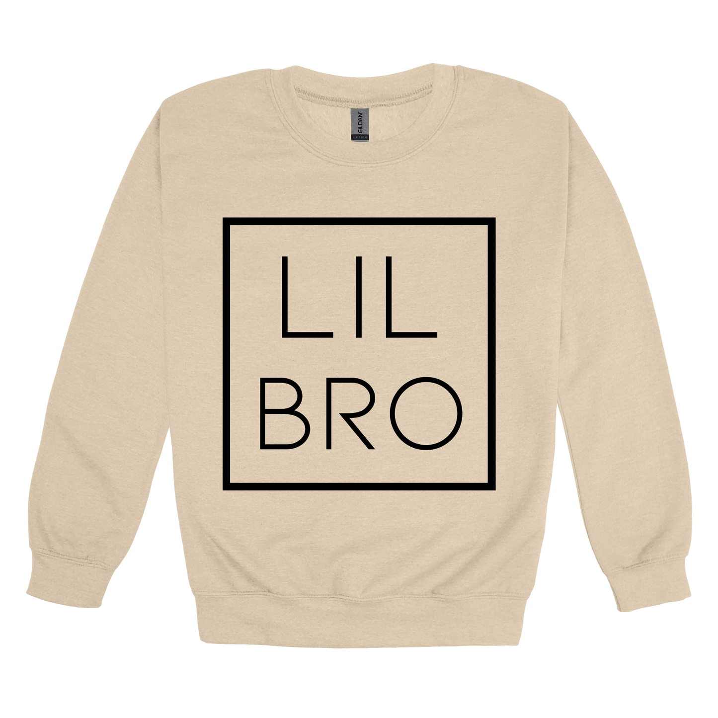 Lil Bro design on a Sand adult crewneck sweatshirt, front view.