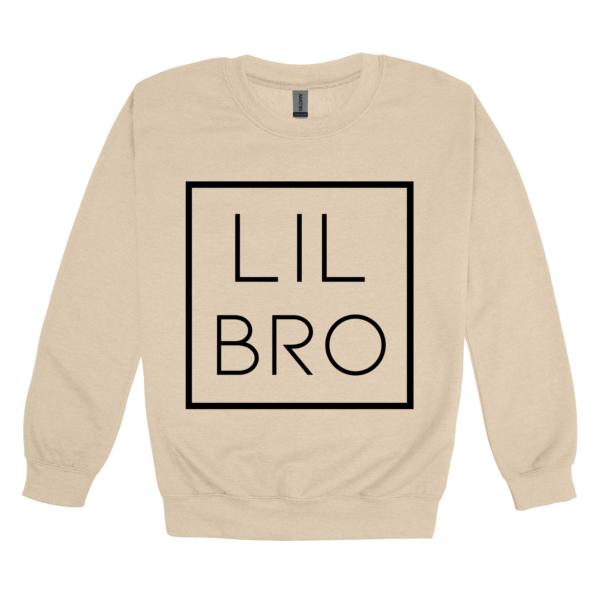 Lil Bro design on a Sand adult crewneck sweatshirt, front view.
