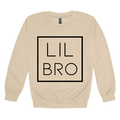 Lil Bro design on a Sand adult crewneck sweatshirt, front view.