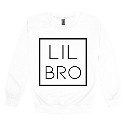Lil Bro design on a White adult crewneck sweatshirt, front view.