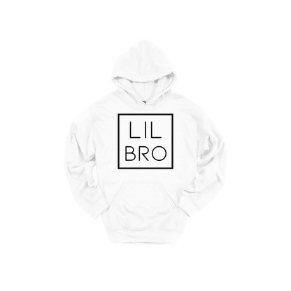 Lil Bro design on a White adult hoodie, front view.